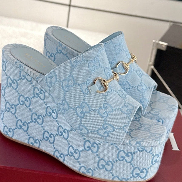 GC Wedge With Horsebit Sandal Light Blue Canvas 292421