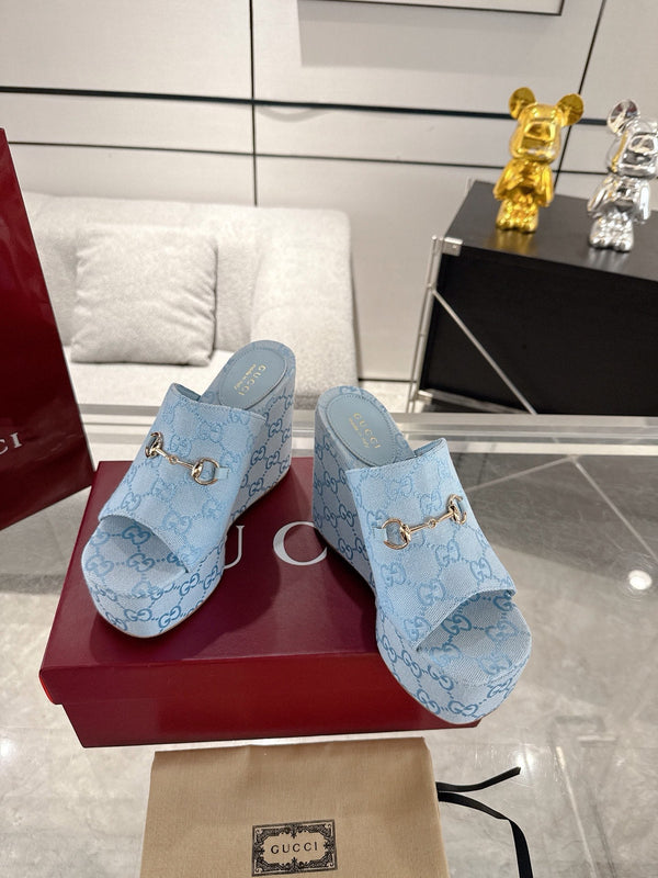 GC Wedge With Horsebit Sandal Light Blue Canvas 292421