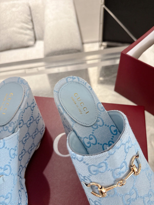 GC Wedge With Horsebit Sandal Light Blue Canvas 292421