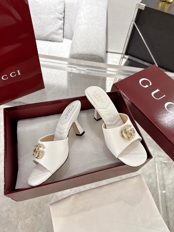 GC 2025 Double G High Heel Sandals White Sheepskin 292468