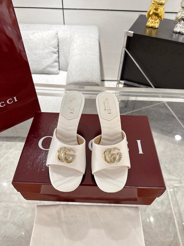 GC 2025 Double G High Heel Sandals White Sheepskin 292468