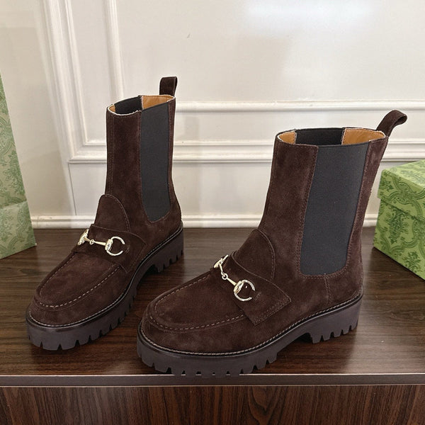 Gucci Horsebit Ankle Boots Dark Brown Black Suede Sheepskin 490527