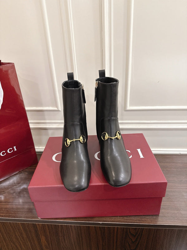 Gucci Horsebit Chunky Heel Ankle Boots Black Cowhide 490560