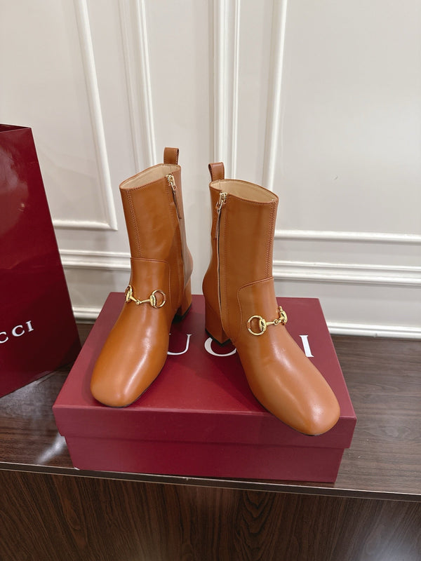 Gucci Horsebit Chunky Heel Ankle Boots Brown Cowhide 490561