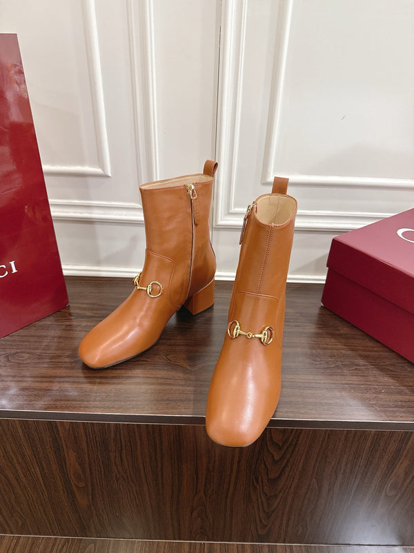 Gucci Horsebit Chunky Heel Ankle Boots Brown Cowhide 490561
