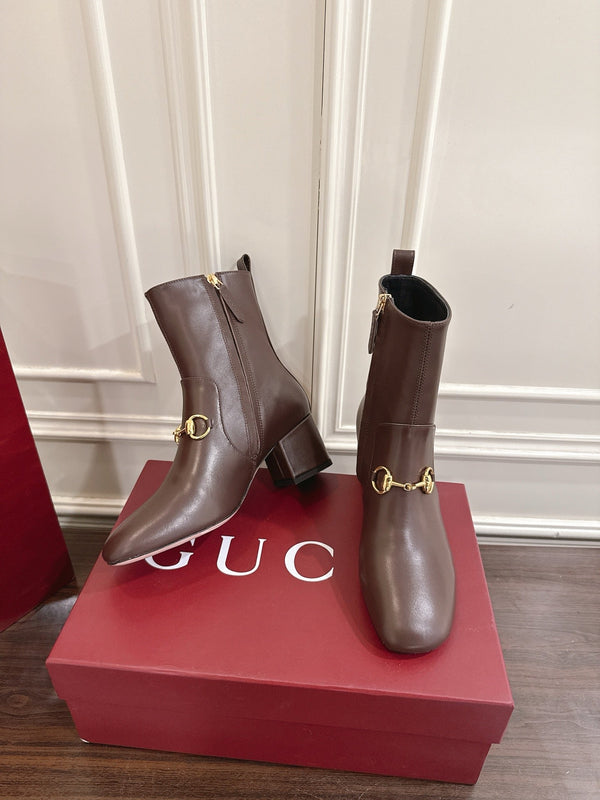 Gucci Horsebit Chunky Heel Ankle Boots Dark Brown Cowhide 490562