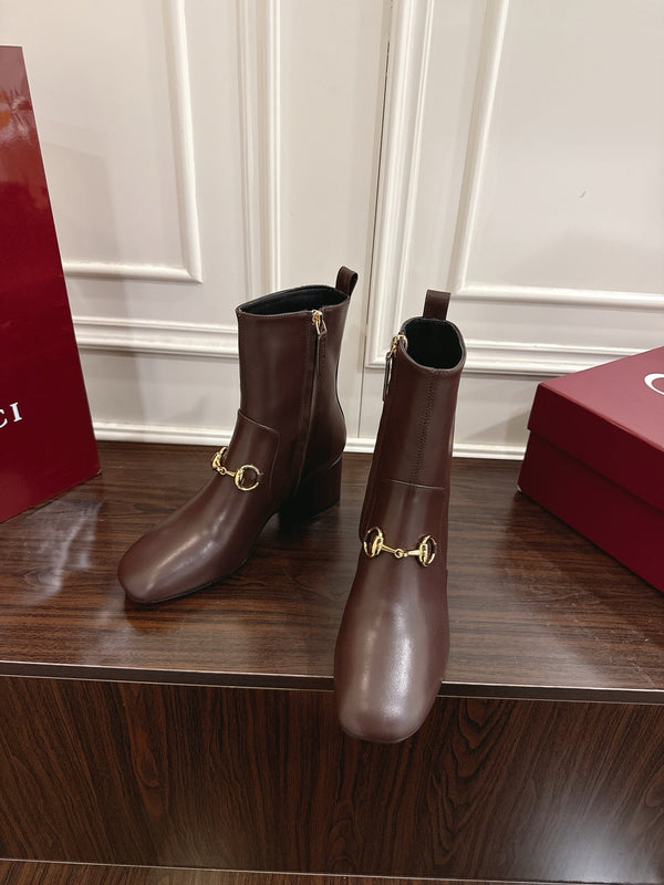 Gucci Horsebit Chunky Heel Ankle Boots Dark Brown Cowhide 490562