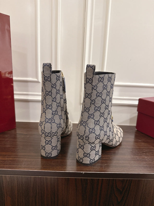 Gucci Horsebit Chunky Heel Ankle Boots Blue Ebony Cowhide Fabric 490558