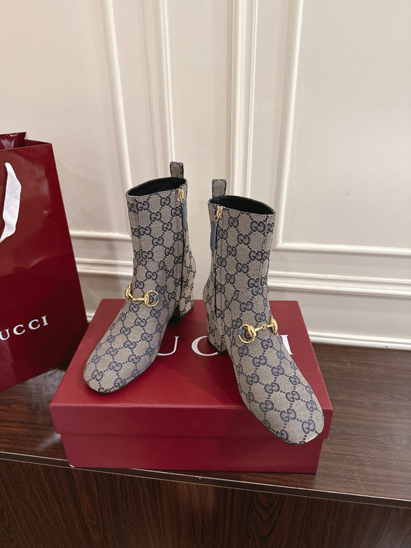 Gucci Horsebit Chunky Heel Ankle Boots Blue Ebony Cowhide Fabric 490558