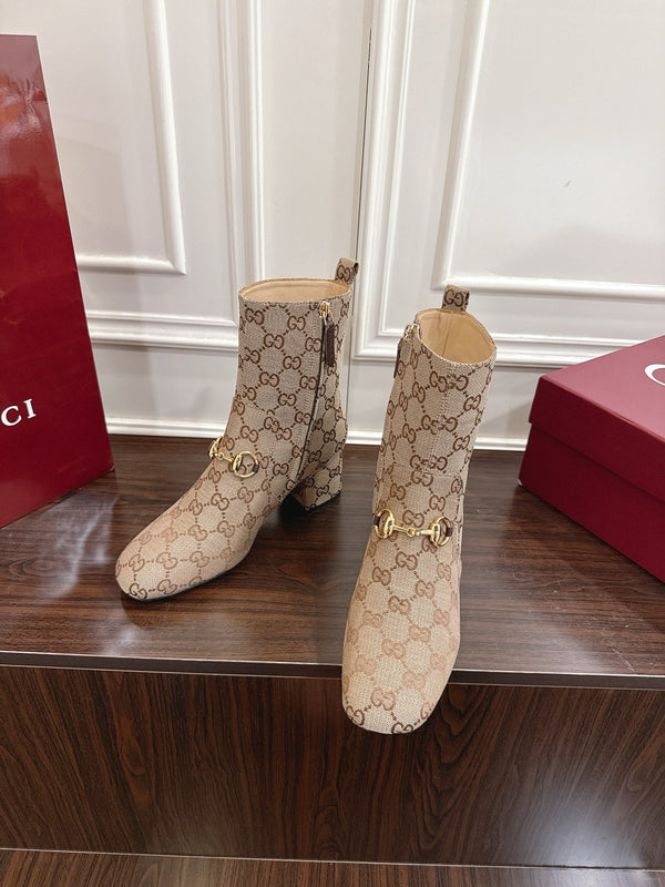Gucci Horsebit Chunky Heel Ankle Boots Brown Beige Cowhide Fabric 490559