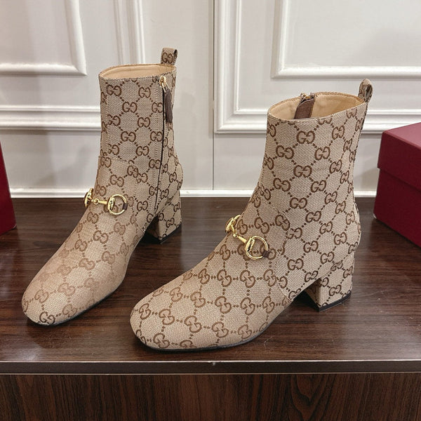 Gucci Horsebit Chunky Heel Ankle Boots Brown Beige Cowhide Fabric 490559