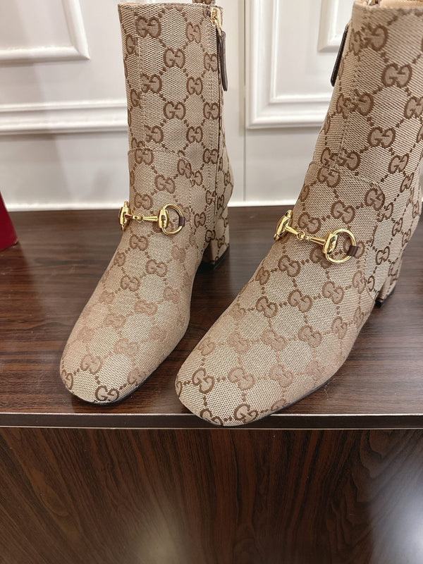 Gucci Horsebit Chunky Heel Ankle Boots Brown Beige Cowhide Fabric 490559