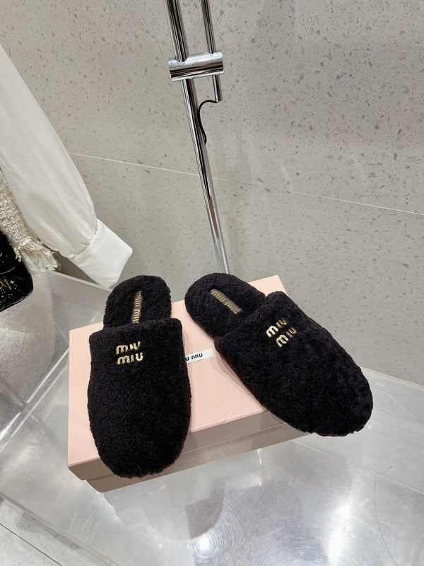Miu Slippers Black Wool Fabric