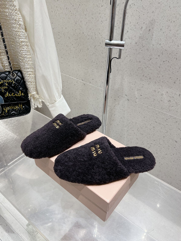 Miu Slippers Black Wool Fabric