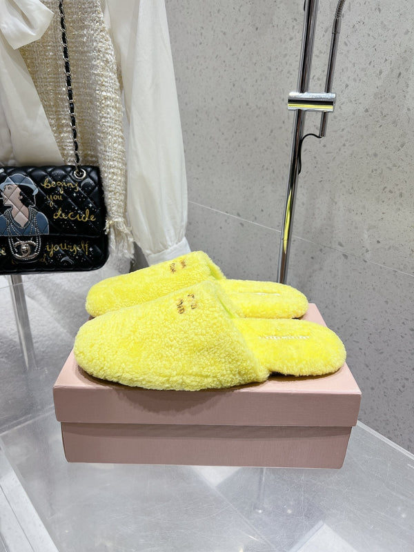 Miu Slippers Lemon Yellow Wool Fabric