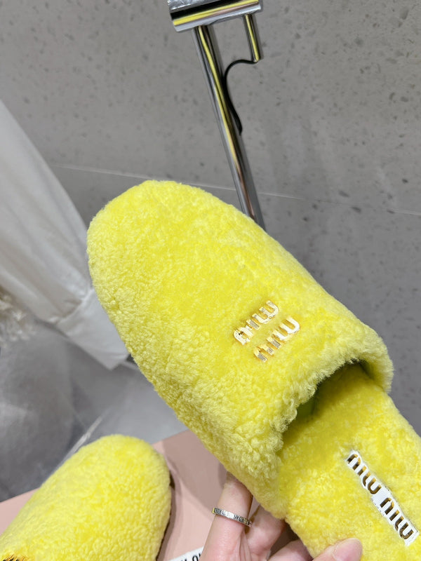 Miu Slippers Lemon Yellow Wool Fabric
