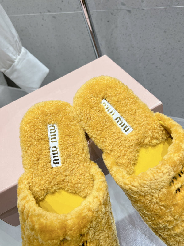 Miu Slippers Dark Yellow Wool Fabric