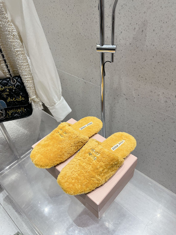 Miu Slippers Dark Yellow Wool Fabric