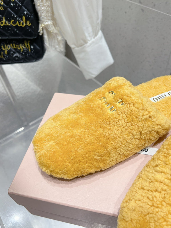 Miu Slippers Dark Yellow Wool Fabric