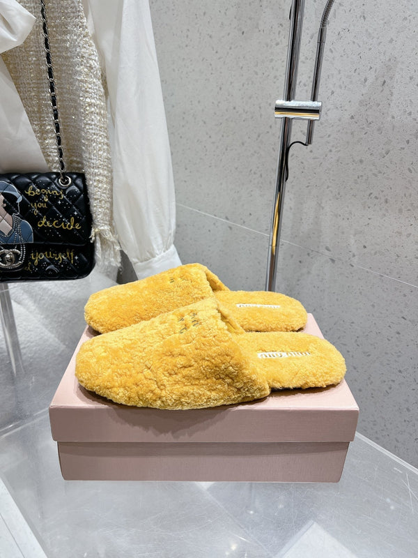 Miu Slippers Dark Yellow Wool Fabric