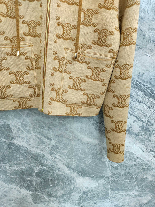 Celine 25 Hooded Knitted Cardigan Camel Brown Wool 282134