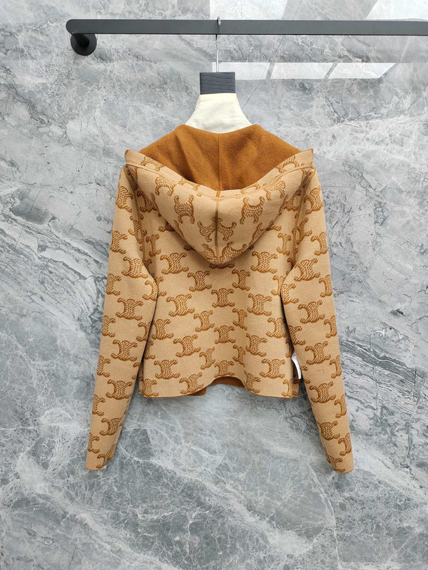 Celine 25 Hooded Knitted Cardigan Camel Brown Wool 282134