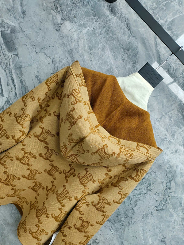 Celine 25 Hooded Knitted Cardigan Camel Brown Wool 282134