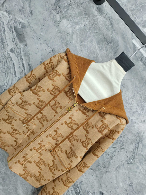 Celine 25 Hooded Knitted Cardigan Camel Brown Wool 282134