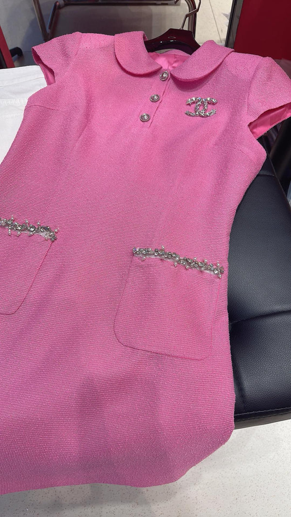 CC Doll Collar Waist Dress White Pink Cotton