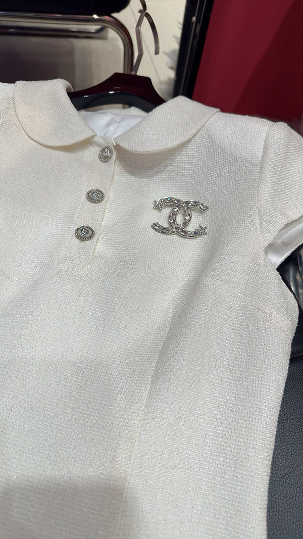 CC Doll Collar Waist Dress White Pink Cotton