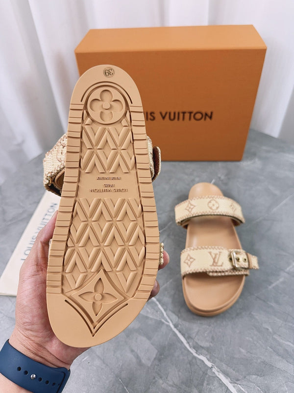 LV Sandals Dark Beige Embroidered Sedge
