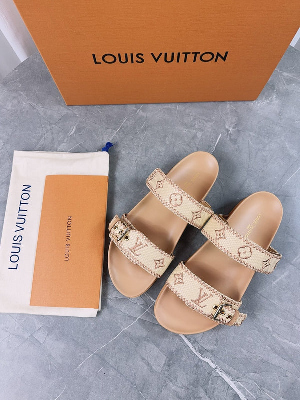 LV Sandals Dark Beige Embroidered Sedge