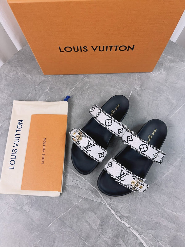 LV Sandals Black Mix White Embroidered Sedge