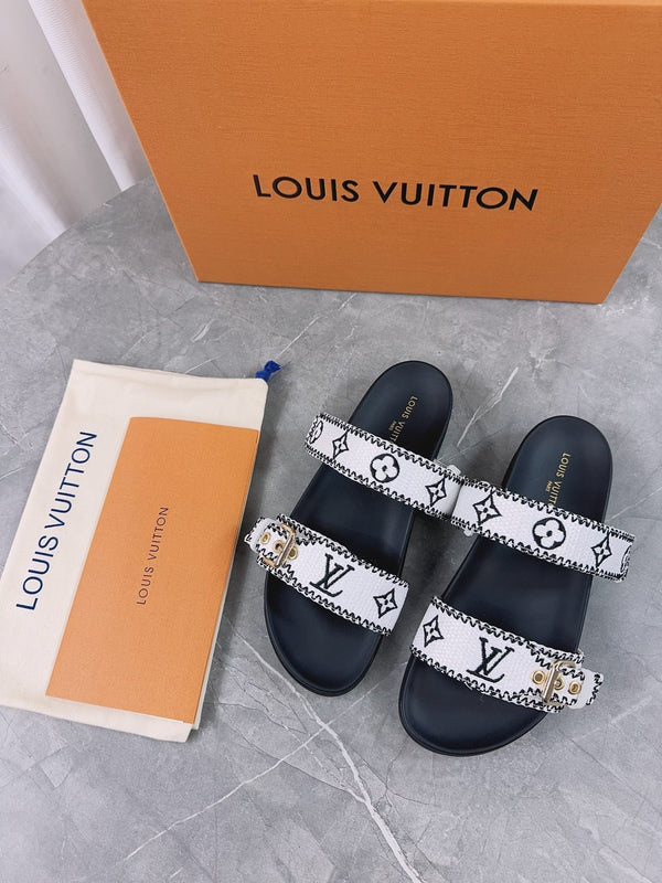 LV Sandals Black Mix White Embroidered Sedge