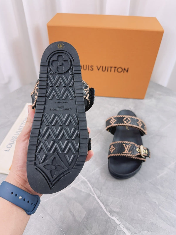 LV Sandals Black Embroidered Sedge