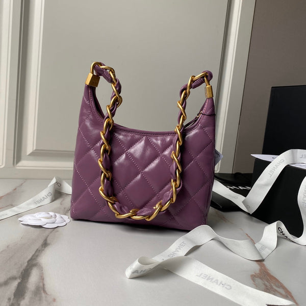 Borsa hobo 24a 23 cm in pelle di vitello viola con finiture dorate