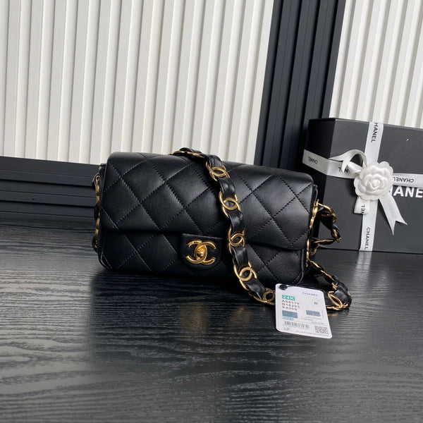 CC 24K Mini Flap Bag 21cm Black Lambskin Gold Hardware