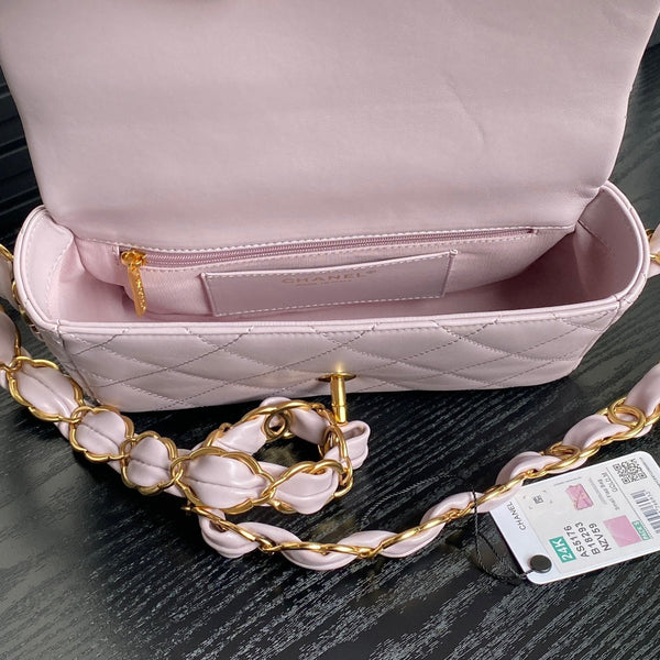 Borsa a patta CC 24K Mini 21 cm in pelle di agnello viola chiaro con finiture dorate