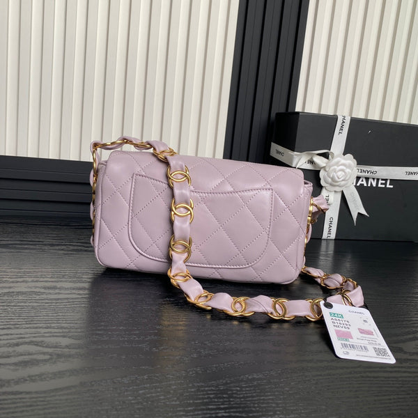 Borsa a patta CC 24K Mini 21 cm in pelle di agnello viola chiaro con finiture dorate