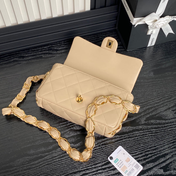 CC 24K Mini Flap Bag 21cm Beige Lambskin Gold Hardware