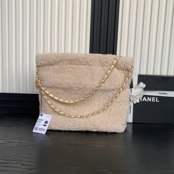 CC 24K Hobo 22 Bag 35cm Beige Wool Fur