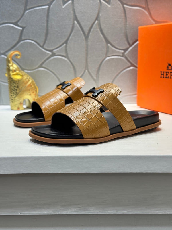 HM Oran H Noir Buckle Slippers in Brown Cowhide 735241