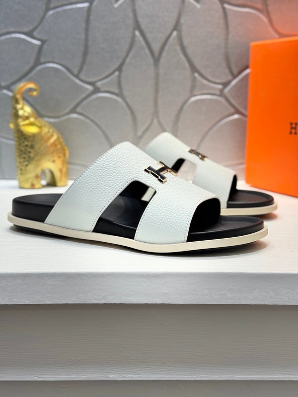 HM Oran H Black Gold Buckle Slippers in White Cowhide 735244