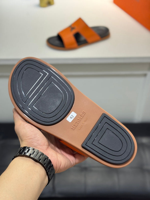 HM Oran H Black Gold Buckle Slippers in Orange Cowhide 735246