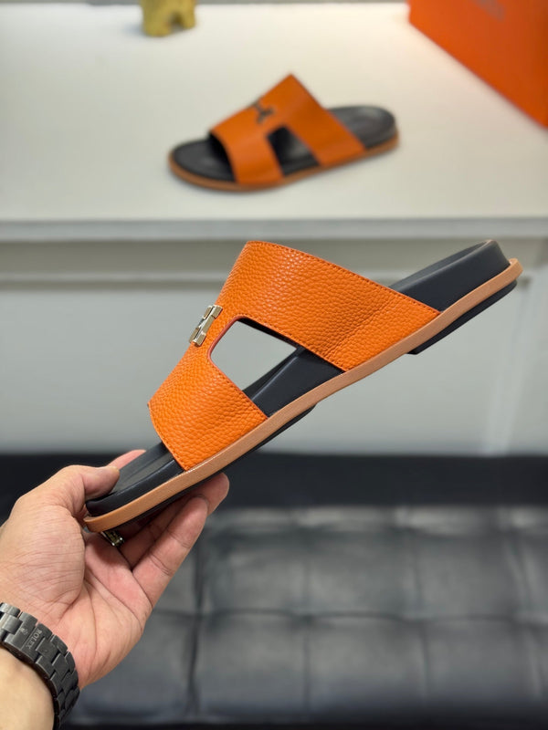 HM Oran H Black Gold Buckle Slippers in Orange Cowhide 735246