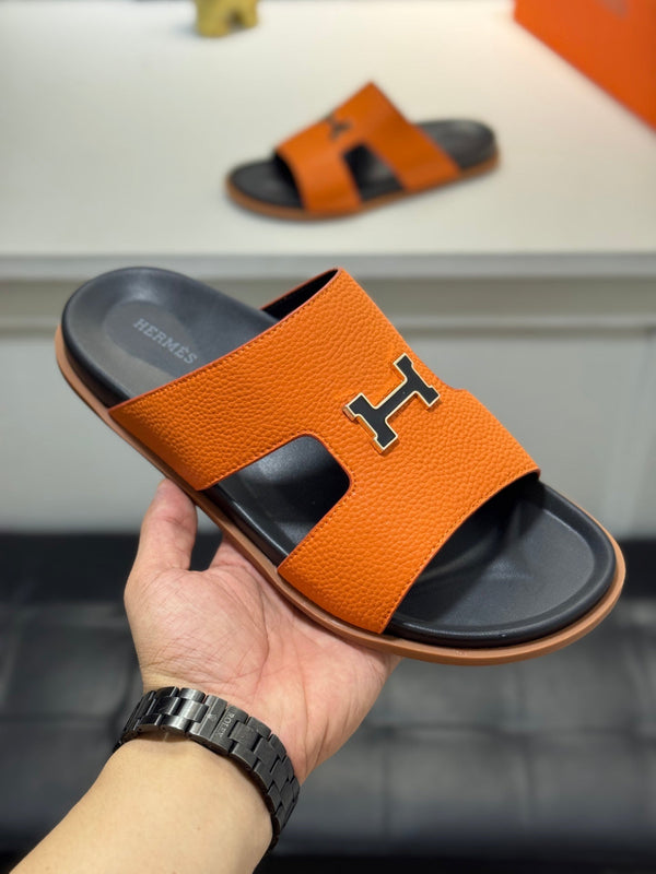 HM Oran H Black Gold Buckle Slippers in Orange Cowhide 735246