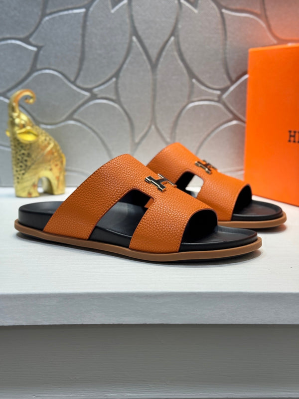 HM Oran H Black Gold Buckle Slippers in Orange Cowhide 735246