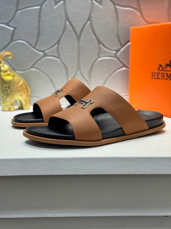 HM Oran H Black Gold Buckle Slippers in Brown Cowhide 735252