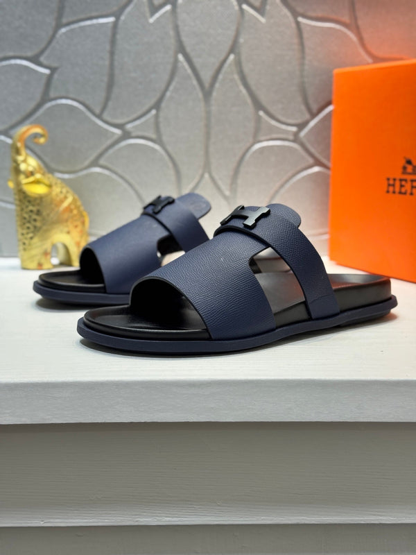 HM Oran H Noir Buckle Slippers in Navy Blue  Cowhide 735257