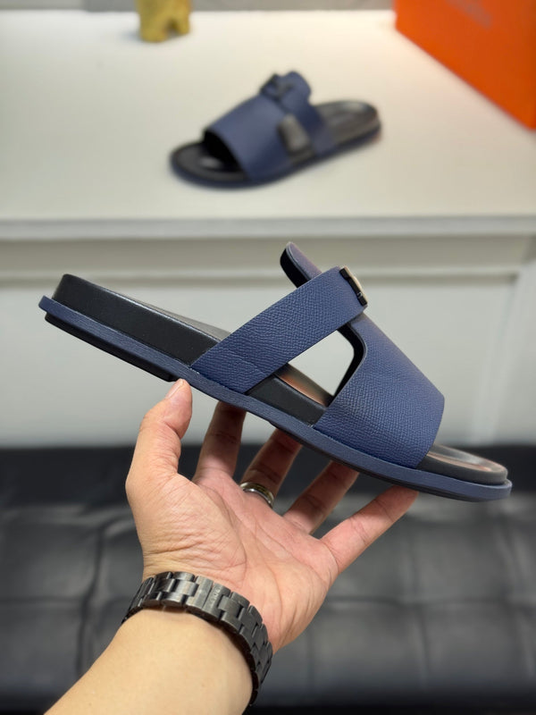 HM Oran H Noir Buckle Slippers in Navy Blue  Cowhide 735257